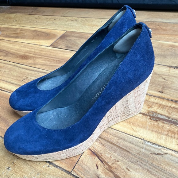 Stuart Weitzman Corkswoon Navy Blue Designer Wedges Size 7.5 - Picture 14 of 15